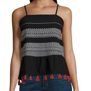 a.n.a A New Approach Black Embroidered Tassel Hem Square Neck Boho Tank Top S